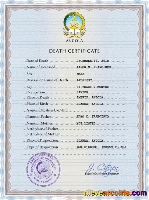 Angola vital record death certificate